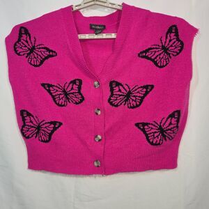 Runway Butterfly Cropped Button Front Sweater Vest in Hot Pink Women's L